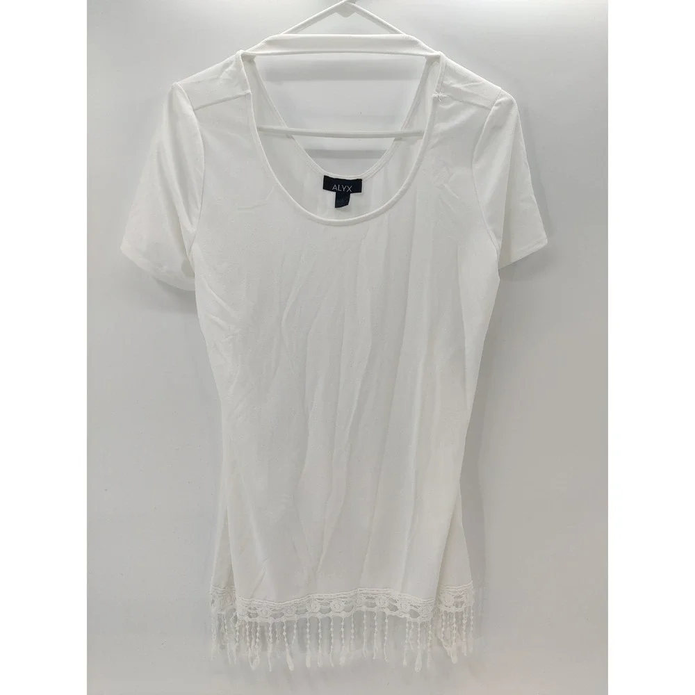 ALYX Women's Ivory Short Sleeve Crochet Fringe Hem Top‎ Size Large NWT